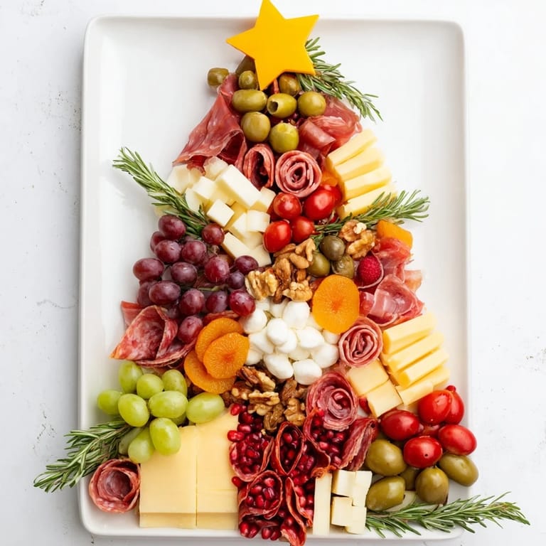 A vibrant Christmas Tree Charcuterie Dream, boasting an assortment of savory cheeses and sliced meats.