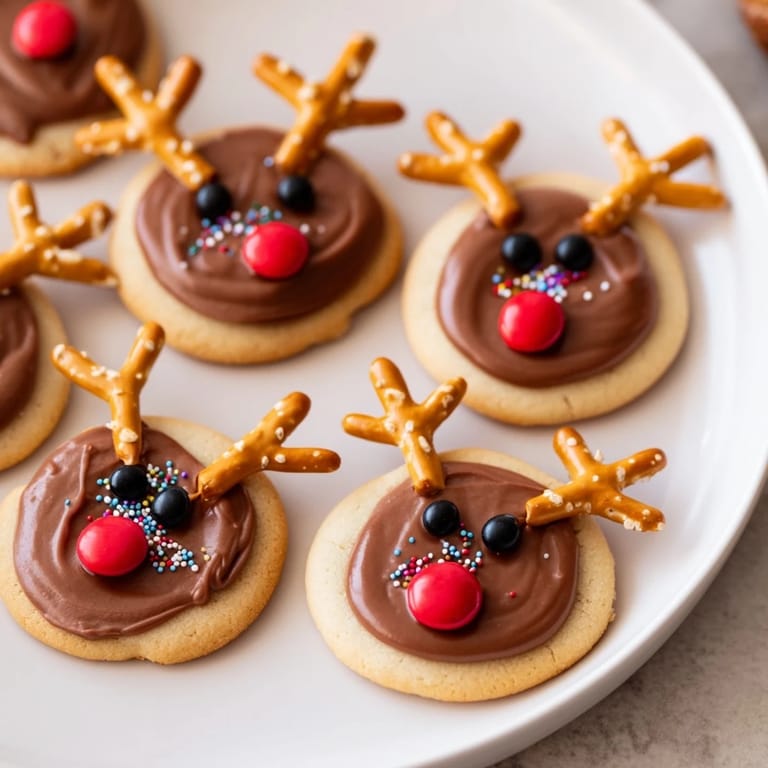 Festive Santa's Reindeer Cookies, iced and adorned with mini pretzel antlers, perfect for a holiday treat.