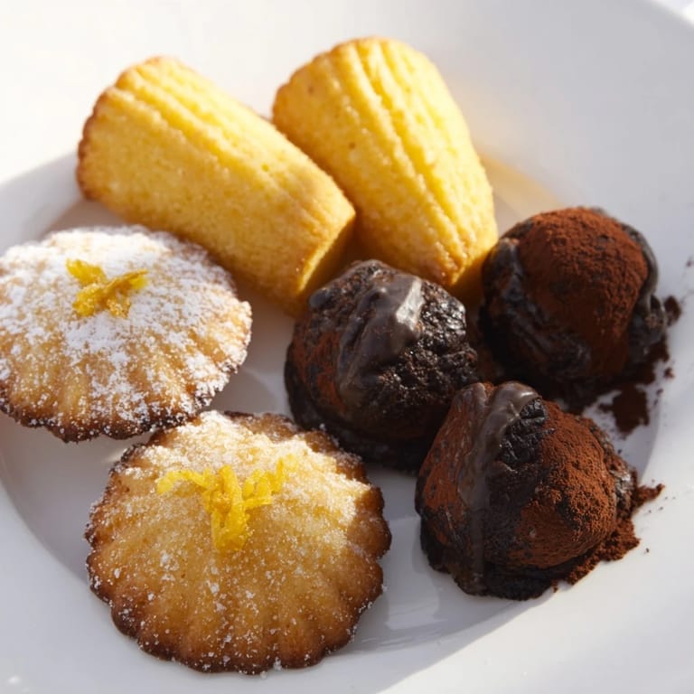 Close-up of elegantly arranged Mignardises Bonne Année 2026, showcasing tasty mini-cakes and truffles for dessert.