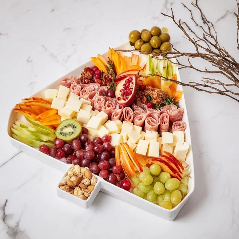 This Festive Holiday Tree Appetizer Platter features a delightful visual tapestry of colorful fruits and cheeses, perfect for any party.