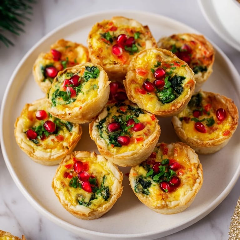 Christmas tree-shaped Savory Bites: Mini Quiche filled with creamy cheesy goodness, served warm.