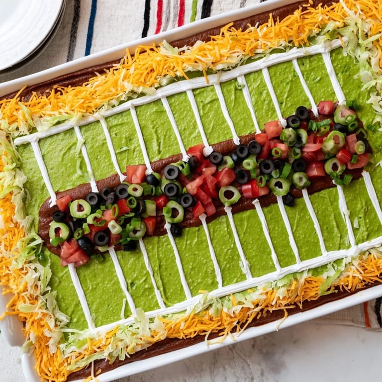 This layered Football Field Dip, a delicious appetizer, features a vivid arrangement of toppings and cheeses.