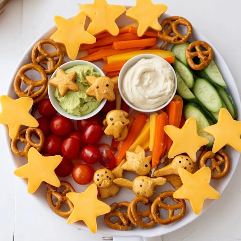 Tasteful Kids Snack Adventure Map with pretzel paths, cheese cutouts, and fresh colorful vegetables and fruits.