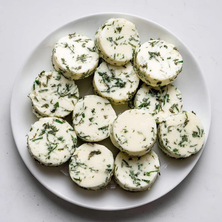 Freshly prepared The Mossy Stone appetizer, vividly green from the parsley and dill coating the cheeses.