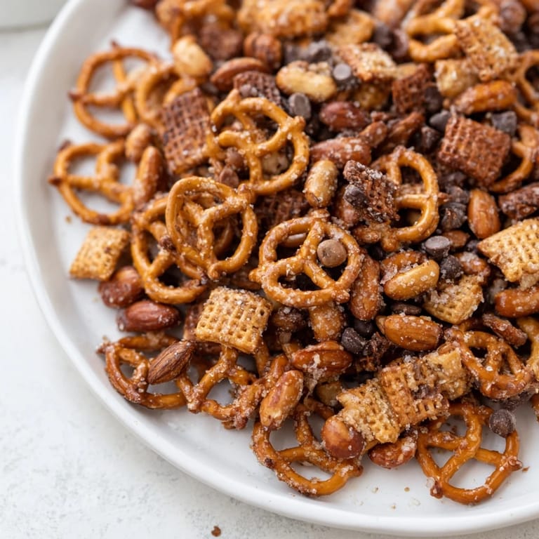 Sweet honey-glazed Festive Pine Cone Snack Mix, a colorful, crunchy treat ready to serve guests.