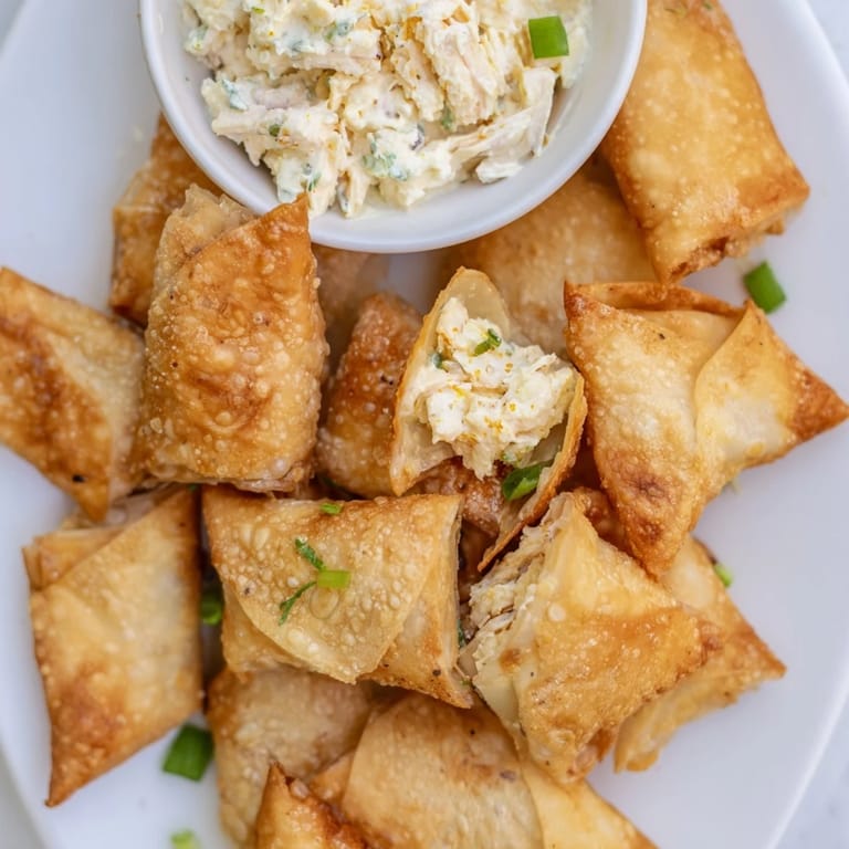 Crispy air fryer lumpia chips, perfect for scooping up the savory chicken cream cheese dip.