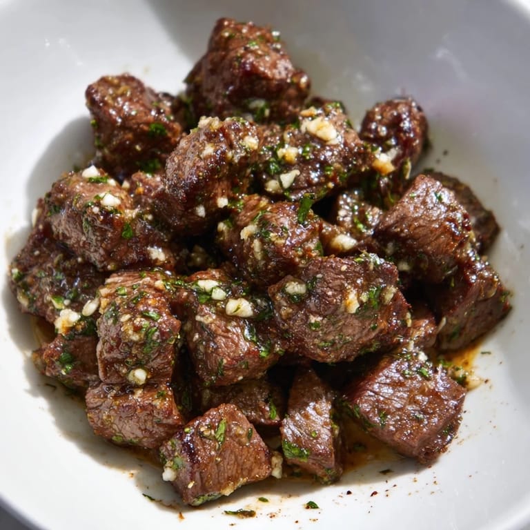 Tender, sizzling air-fryer garlic-butter steak bites, tossed in a rich, buttery garlic sauce and garnished.