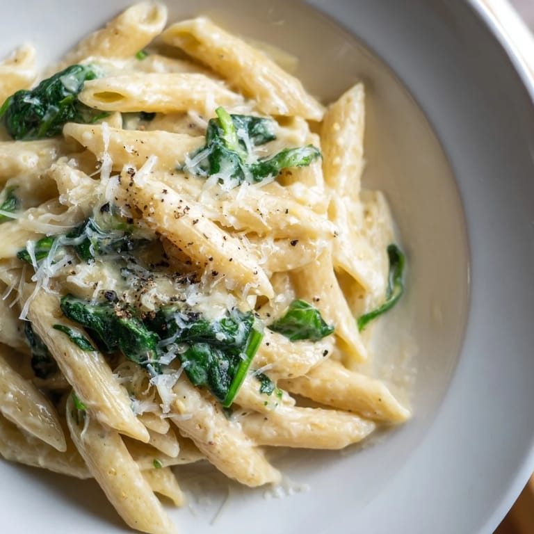 Enjoy a bowl of delicious Creamy Spinach Pasta, a vegetarian comfort food classic.
