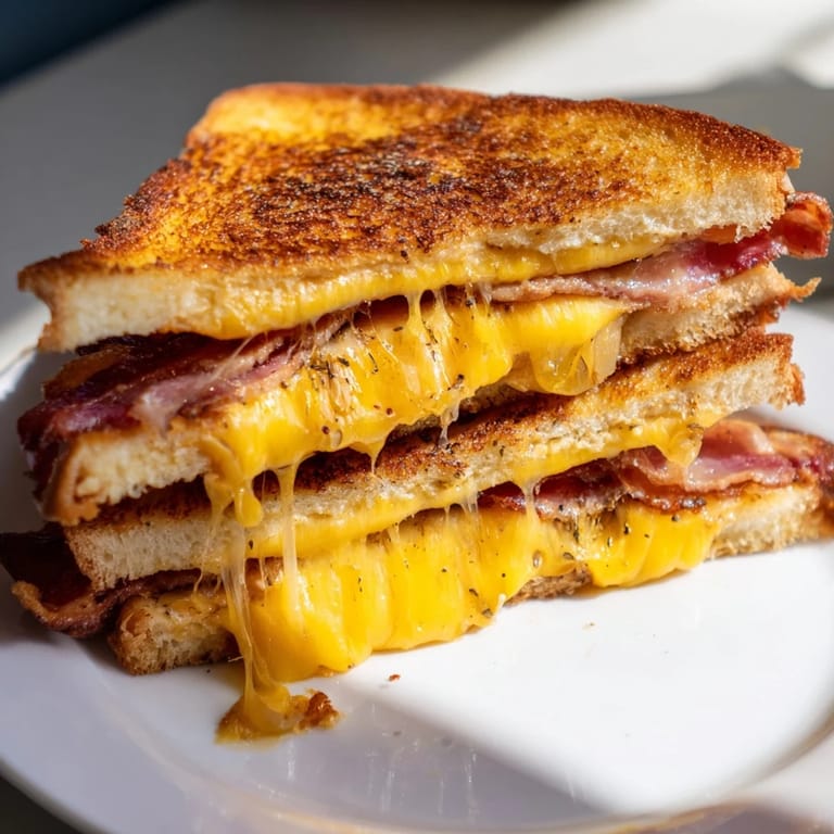 This photo shows a close-up of a perfectly grilled Crispy Bacon Cheddar Grilled Cheese, with visible bacon strips.