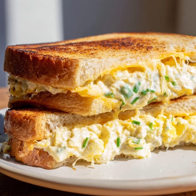 Melted cheese oozes from this Egg Salad Grilled Cheese sandwich, served on a plate for a delicious meal.