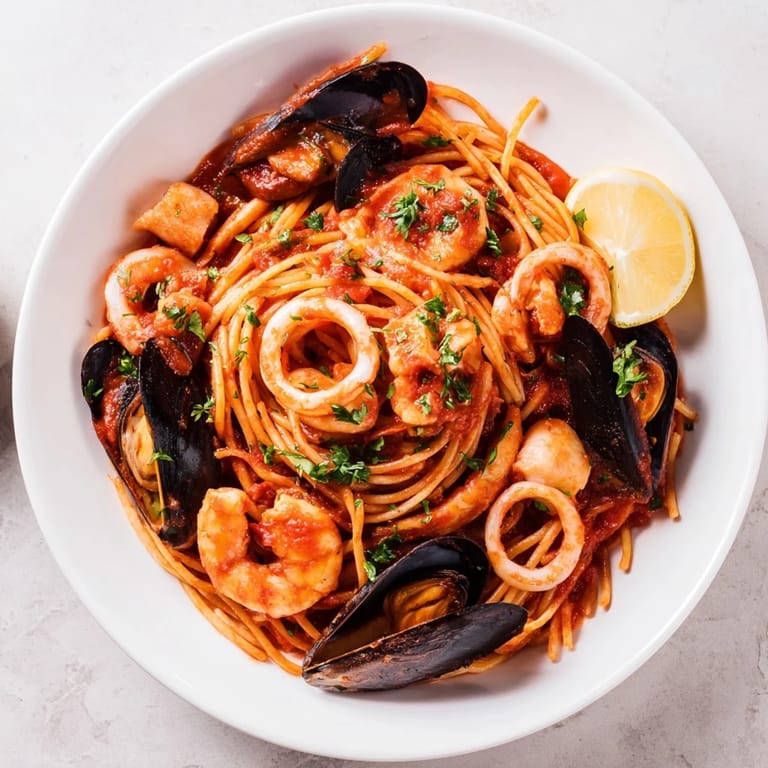 Bright red Seafood Marinara Pasta, glistening with olive oil, ready to be enjoyed with a squeeze of lemon.