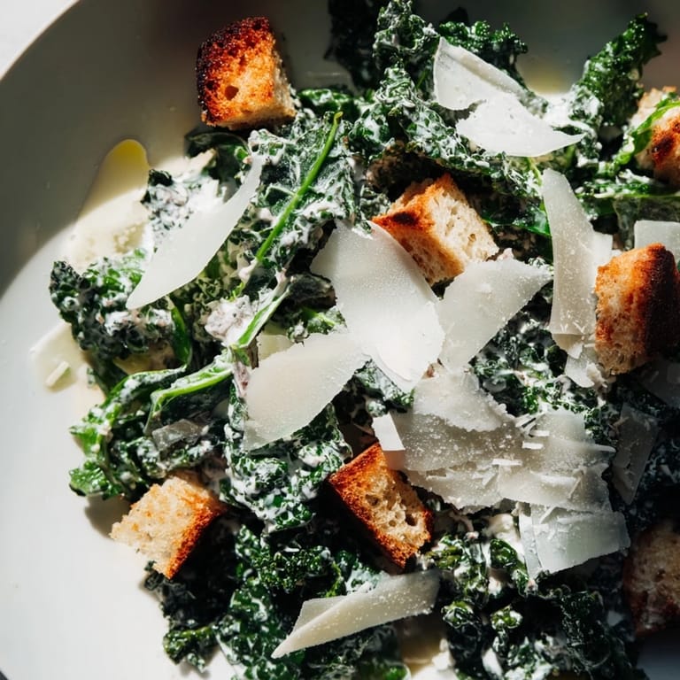 Close-up image shows the textures of the crunchy croutons and fresh ingredients in this Kale Caesar Salad.