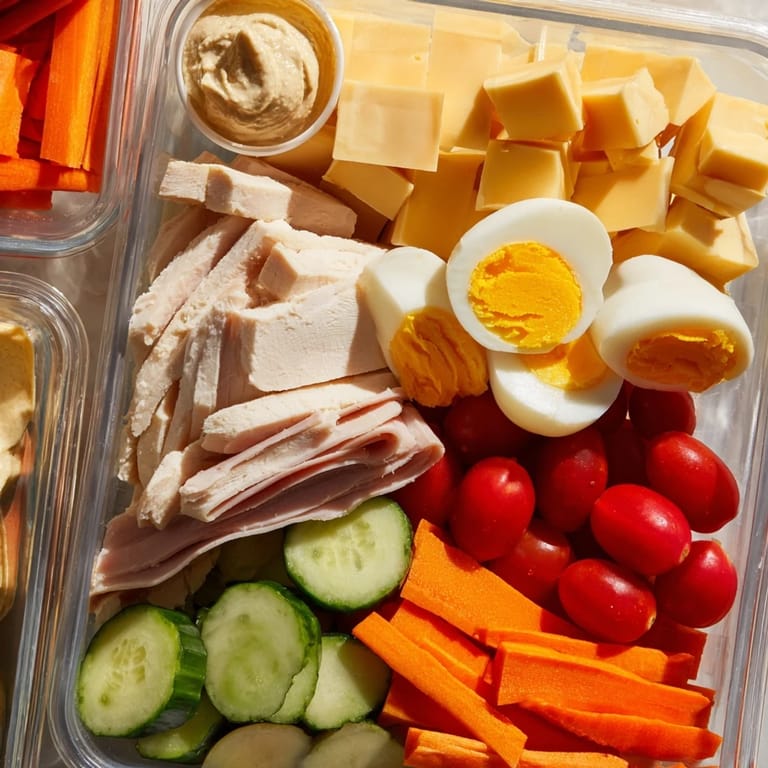 Easy-to-assemble protein snack boxes showcase sliced chicken, cheese cubes, and fresh fruit ready to enjoy.