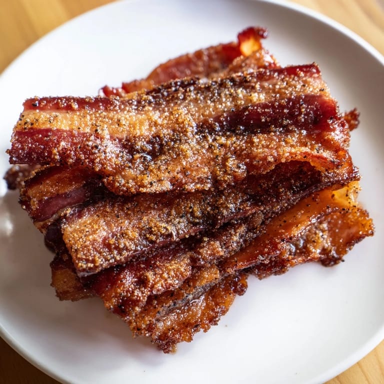 Close-up of baked Snoop Dogg Billionaire Bacon: thick, candied bacon sprinkled with spices, perfect for brunch.