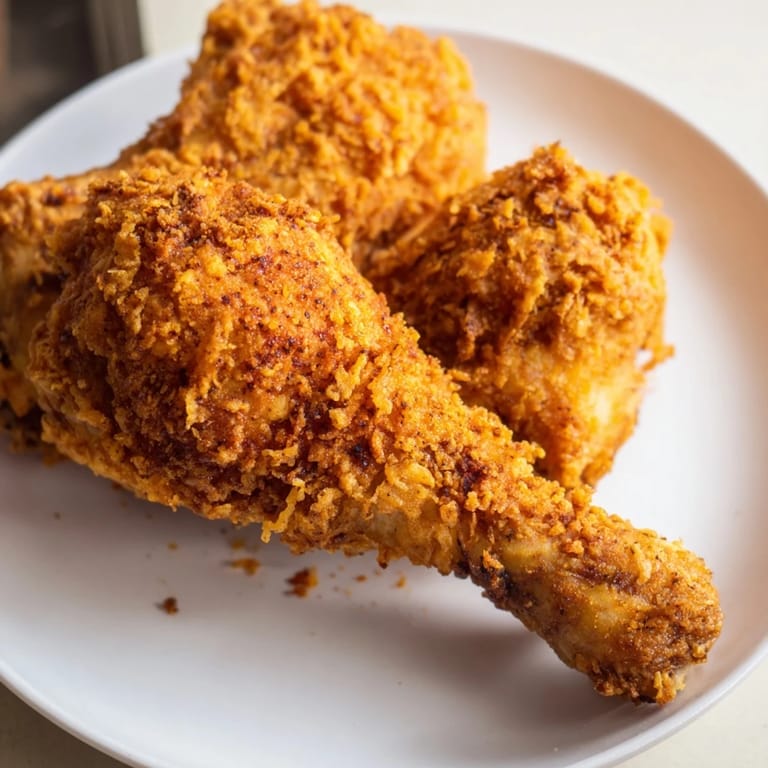 A close-up of perfectly fried KFC crispy chicken, ready to be served, a flavorful dinner.