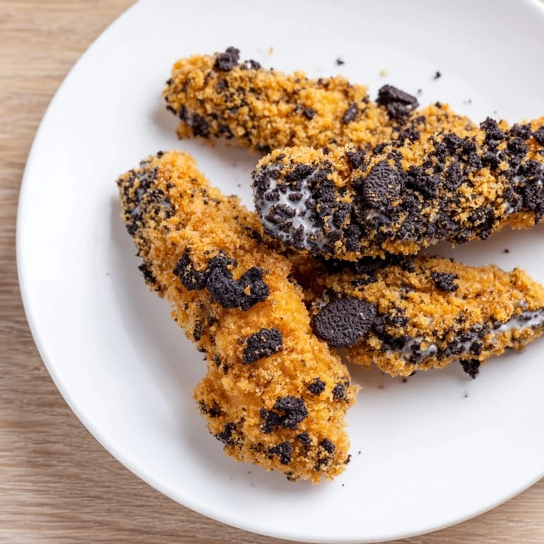 Freshly fried KFC Oreo Krusher-Inspired Fried Chicken Tenders with a crunchy, sweet Oreo coating.