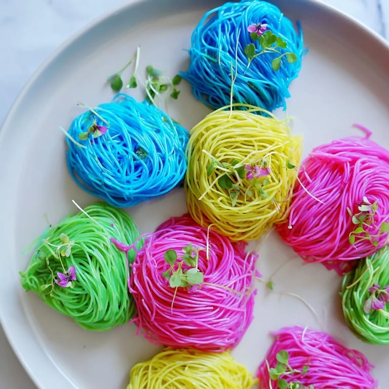 These whimsical Neon Noodle Clouds feature beautifully textured, colorful agar-agar noodles for a fun appetizer.