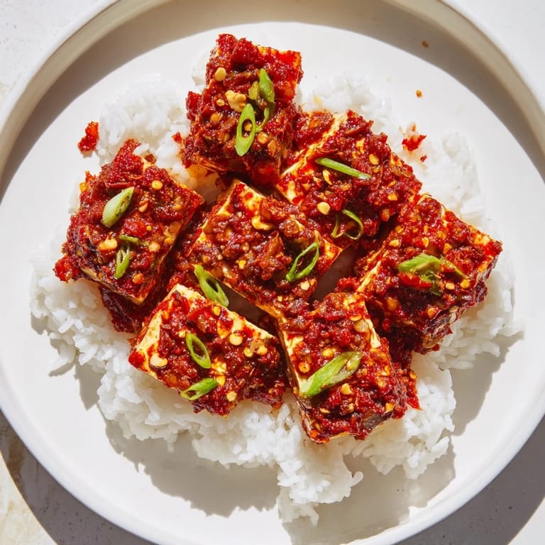 Freshly made Chinese Mapo Tofu, showcasing the rich chili sauce with hints of scallions and rice.