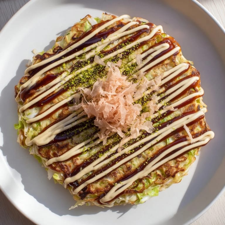 A stack of delicious Okonomiyaki pancakes, steaming and ready, with layers of cabbage and toppings.
