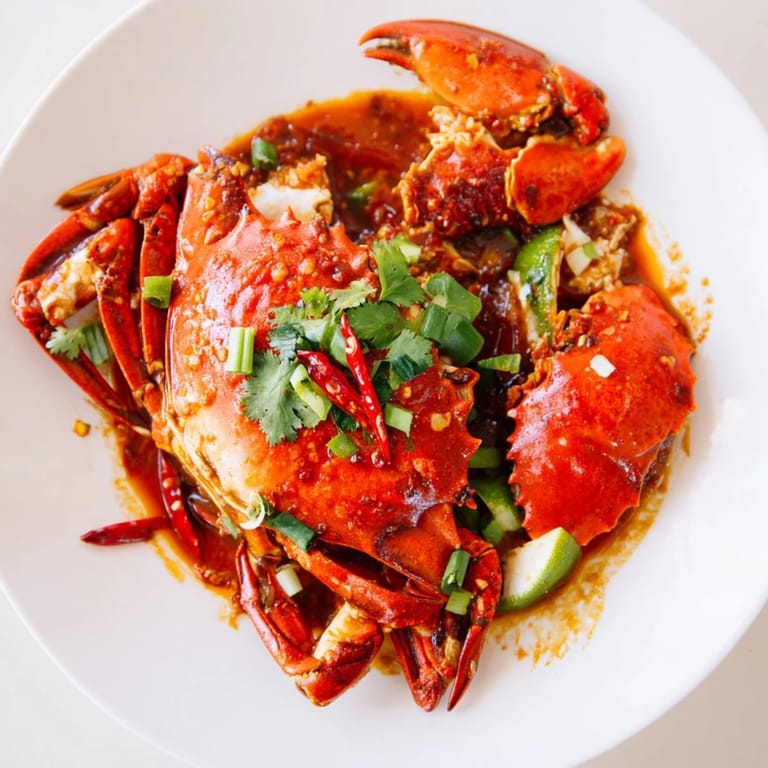 Fragrant Singaporean chili crab served sizzling, garnished with fresh cilantro and ready for dipping.