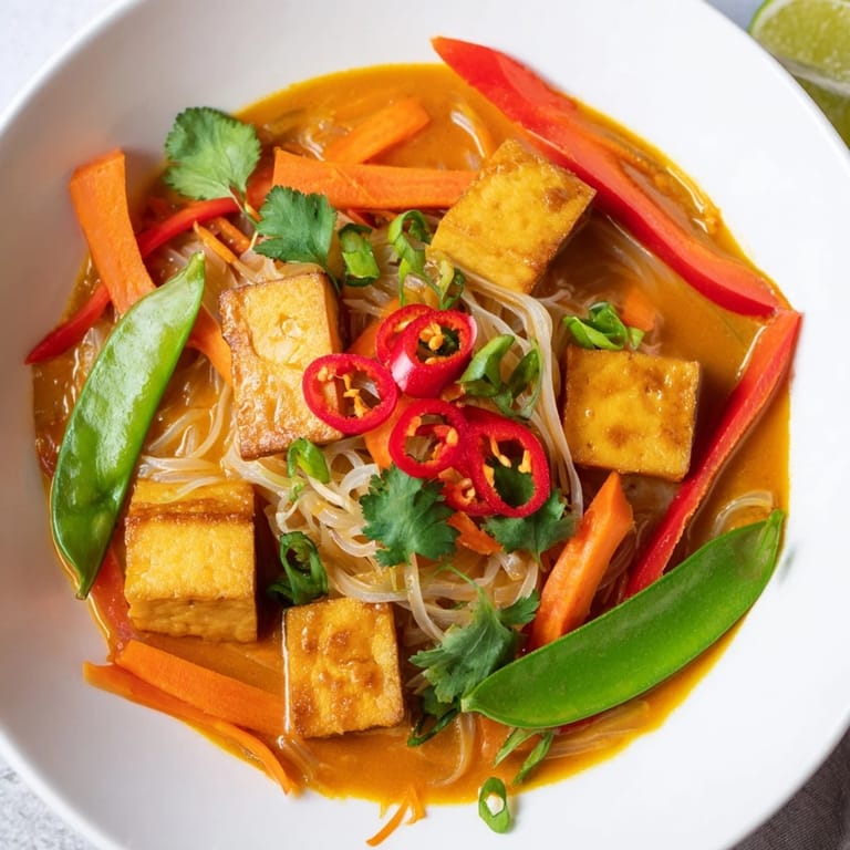 Tender pieces of tofu and snow peas float in this Malaysian Laksa Curry, a flavorful vegetarian main.