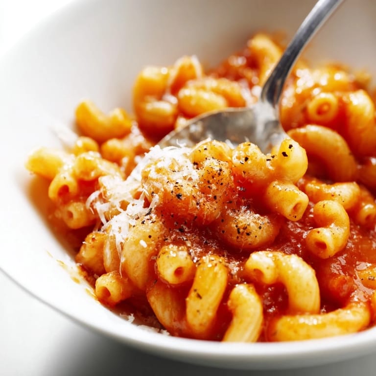 Vibrant photo of a single serving of Microwave Bowl Pasta, plated warmly with sauce.