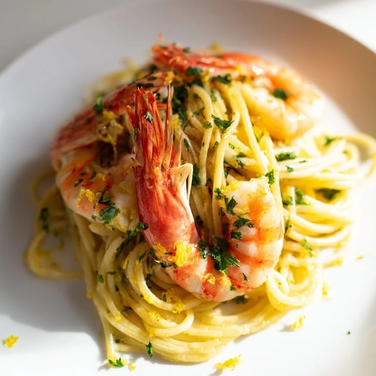 A close-up of flavorful lemon garlic shrimp pasta garnished with Parmesan and lemon wedges, ready for a bright dinner.