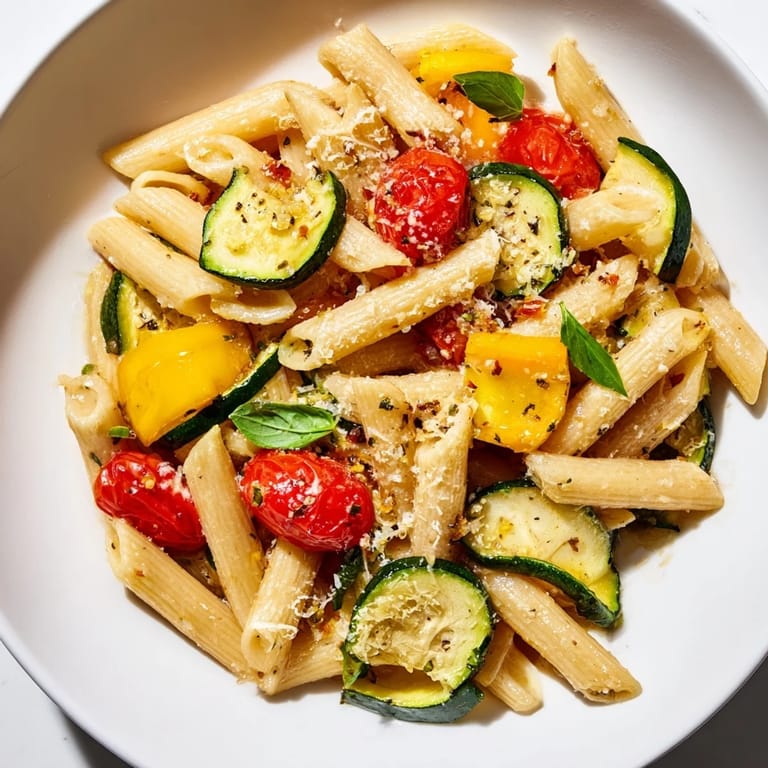 A colorful bowl of Garden Veggie Pasta, featuring tender summer vegetables and a simple, aromatic garlic and herb dressing.