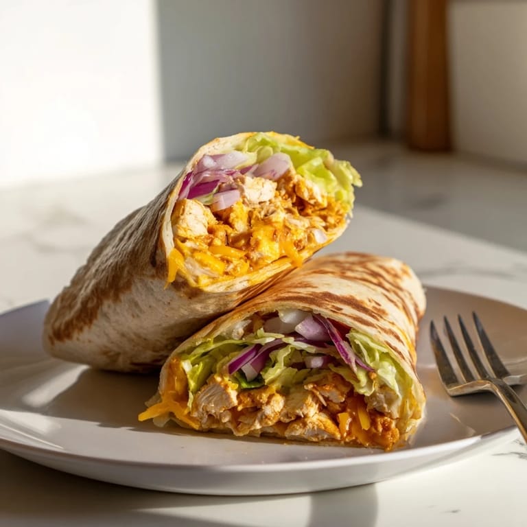 Freshly toasted tortilla holds juicy buffalo ranch chicken, crunchy lettuce, and a drizzle of creamy ranch dressing for a satisfying handheld meal. 