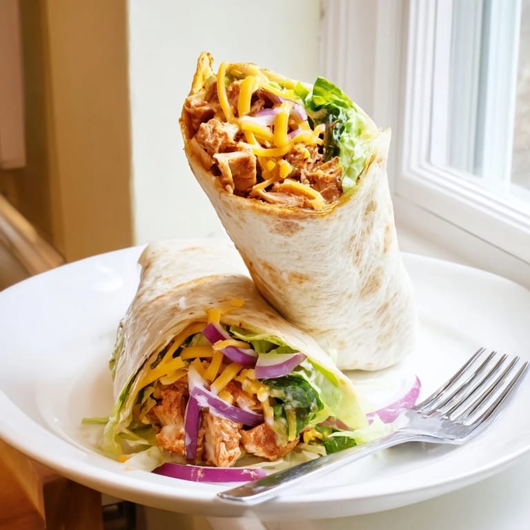 Golden-brown flour tortilla wraps spicy buffalo chicken, crisp romaine, and shredded cheddar, served with extra ranch for dipping on a wooden board.