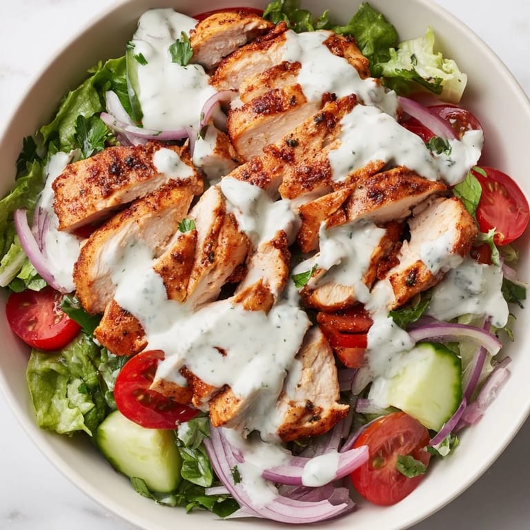 Hearty Chicken Shawarma Salad Bowl with tender chicken, diced cucumbers, halved cherry tomatoes, and zesty garlic sauce, ready for a quick dinner.