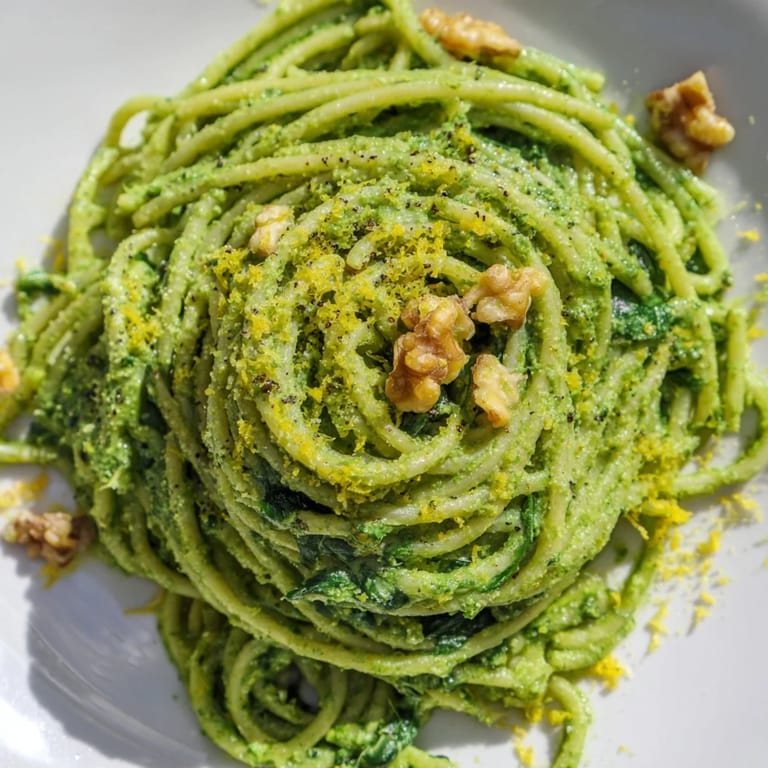 Fresh spinach and walnuts blend into a vibrant sauce for Creamy Spinach Walnut Pasta, garnished with lemon zest.  
