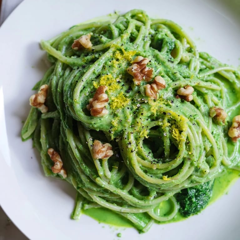 A skillet of Creamy Spinach Walnut Pasta, steaming beside a glass of white wine, ready for a weeknight dinner.
