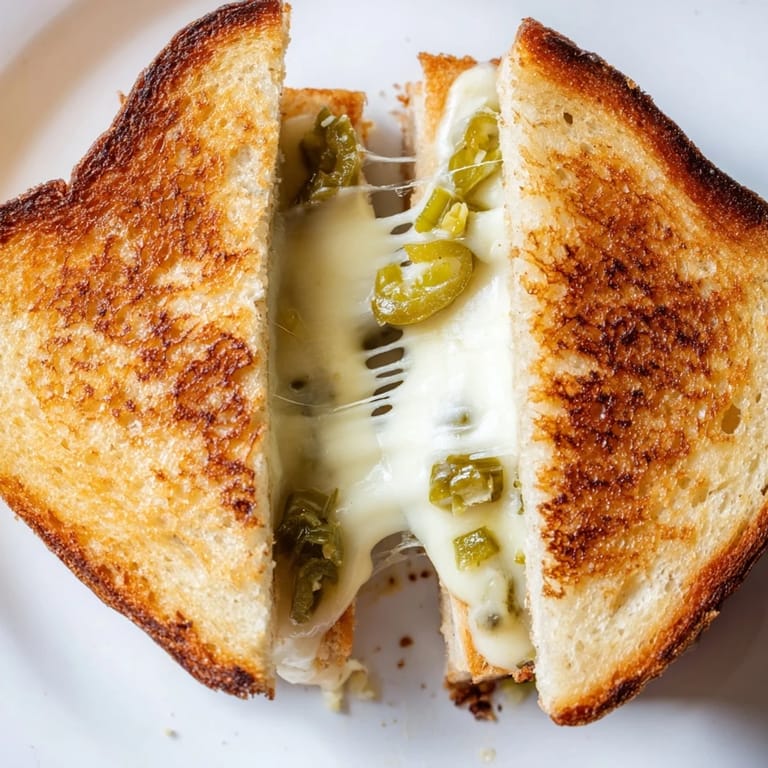 Two halves of a spicy jalapeño pepper jack grilled cheese, cheese oozing from crispy bread.  