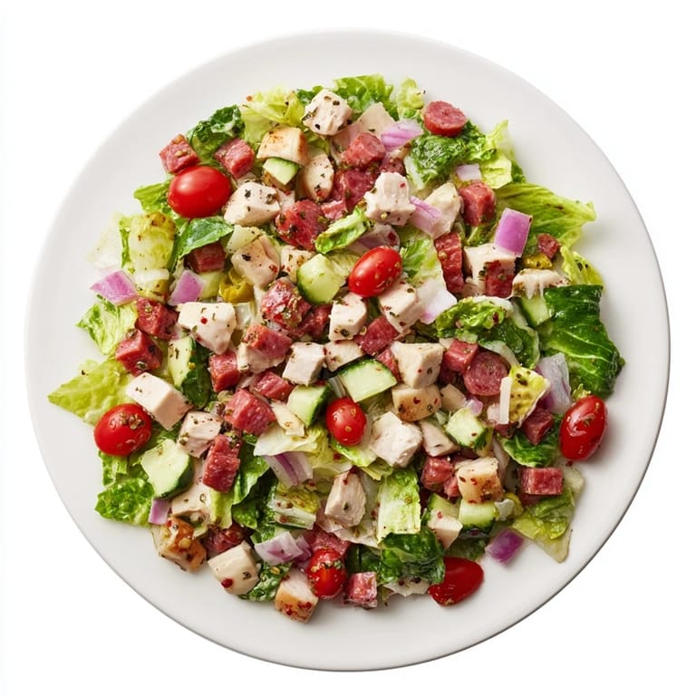 Serving suggestion for Italian Deli Chopped Chicken Salad, plated as a main dish with chopped chicken, salami, and provolone over crisp romaine and colorful vegetables.