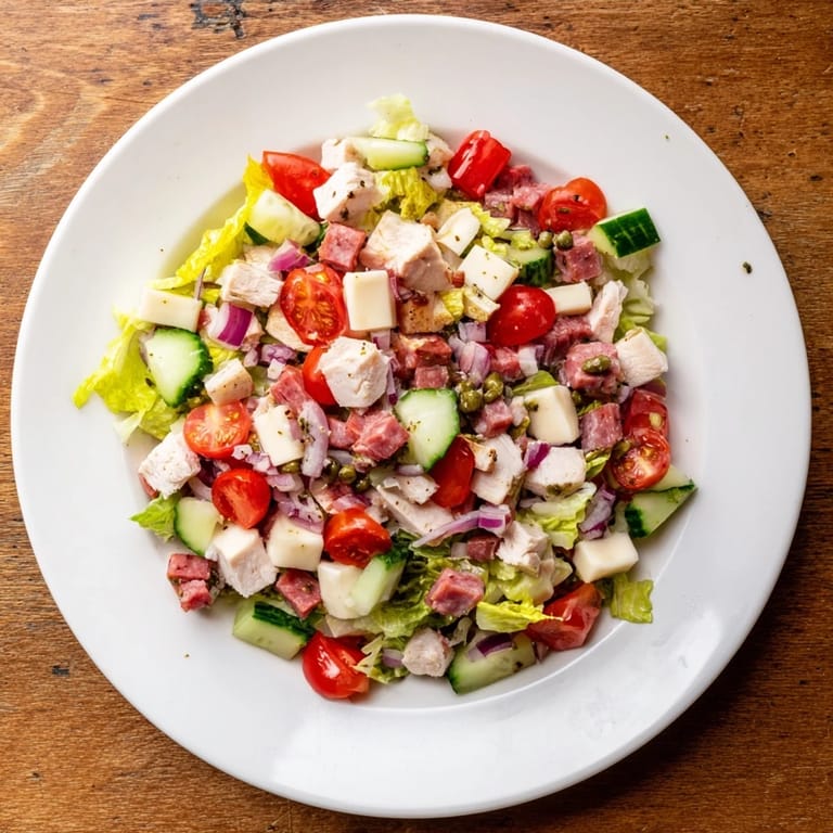 Freshly tossed Italian Deli Chopped Chicken Salad in a white bowl, showcasing chopped chicken, salami, provolone, cherry tomatoes, and pepperoncini on vibrant romaine.  