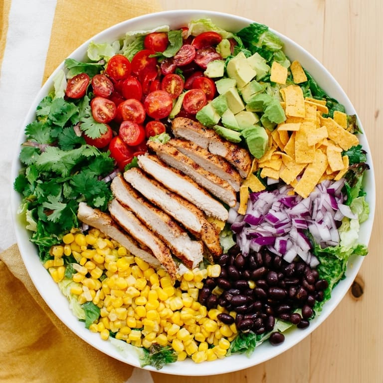 Sliced grilled chicken over a colorful salad of romaine, tomatoes, corn, and black beans, drizzled with zesty honey-lime dressing.  