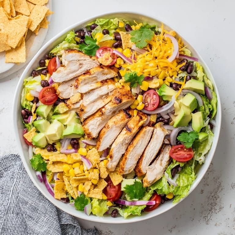 Freshly prepared Honey Lime Chicken Taco Salad topped with shredded cheese, red onion, avocado, and cilantro for a zesty finish.