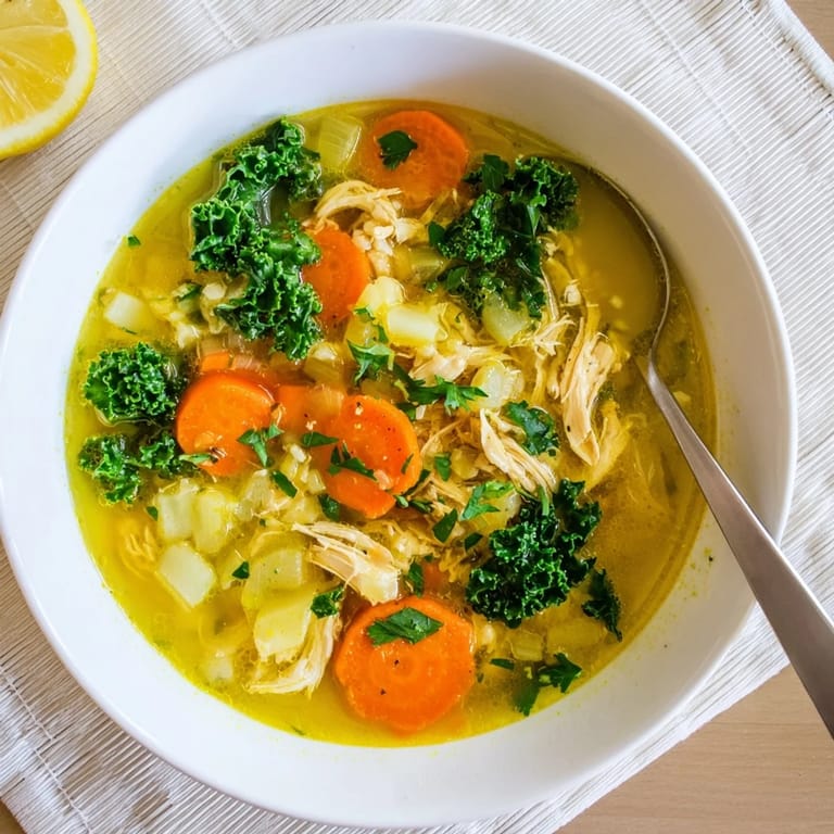 Bright citrusy High Protein Lemon and Turmeric Chicken Soup steaming in a rustic bowl, garnished with fresh parsley and vibrant lemon wedges.
