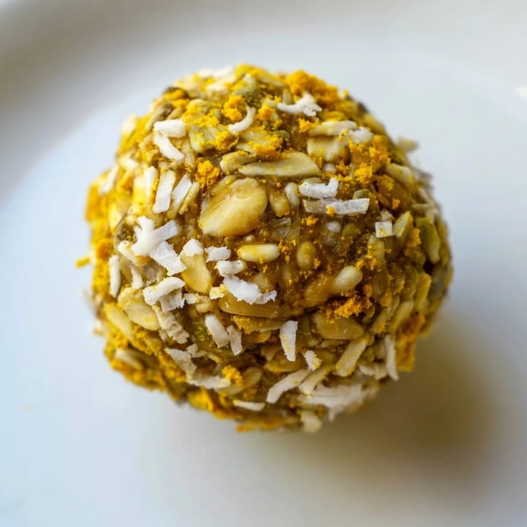 Homemade Ginger Turmeric Energy Balls with visible oats and hemp seeds, ready to enjoy after chilling in the fridge.