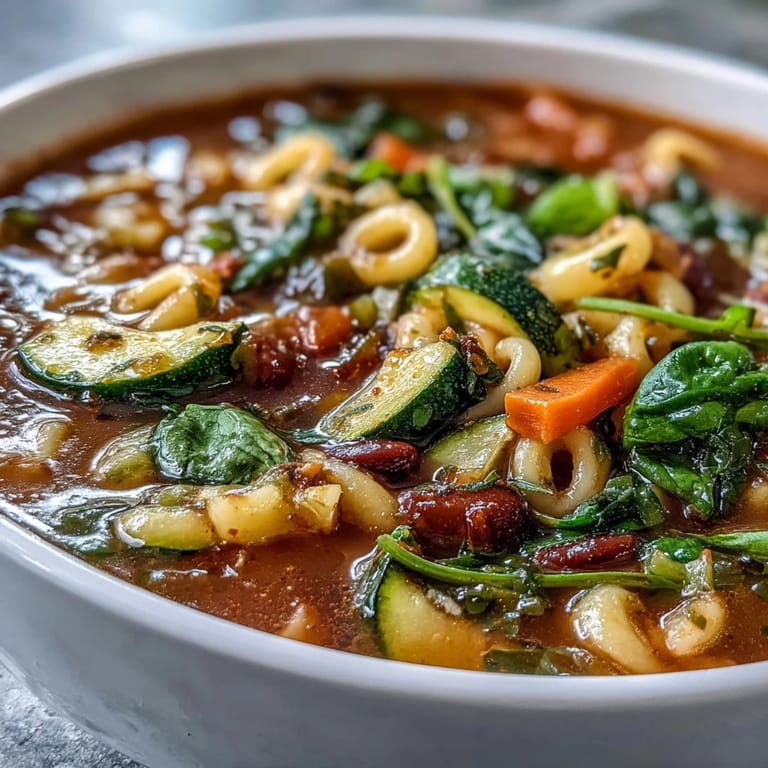 A ladle serves Minestrone Soup with beans and pasta from a large pot next to crusty bread.