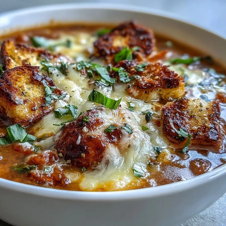 Crouton-topped Grilled Chicken Parmesan Soup served in a rustic bowl, ready to enjoy.