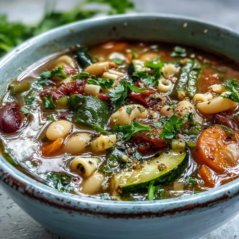 Comforting Minestrone Soup garnished with parsley and Parmesan alongside crusty bread slices.