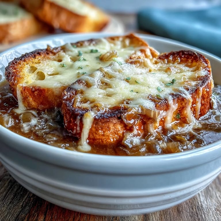 Deeply savory Dutch Oven French Onion Soup bubbling under bubbly cheese, with a rustic baguette topper.