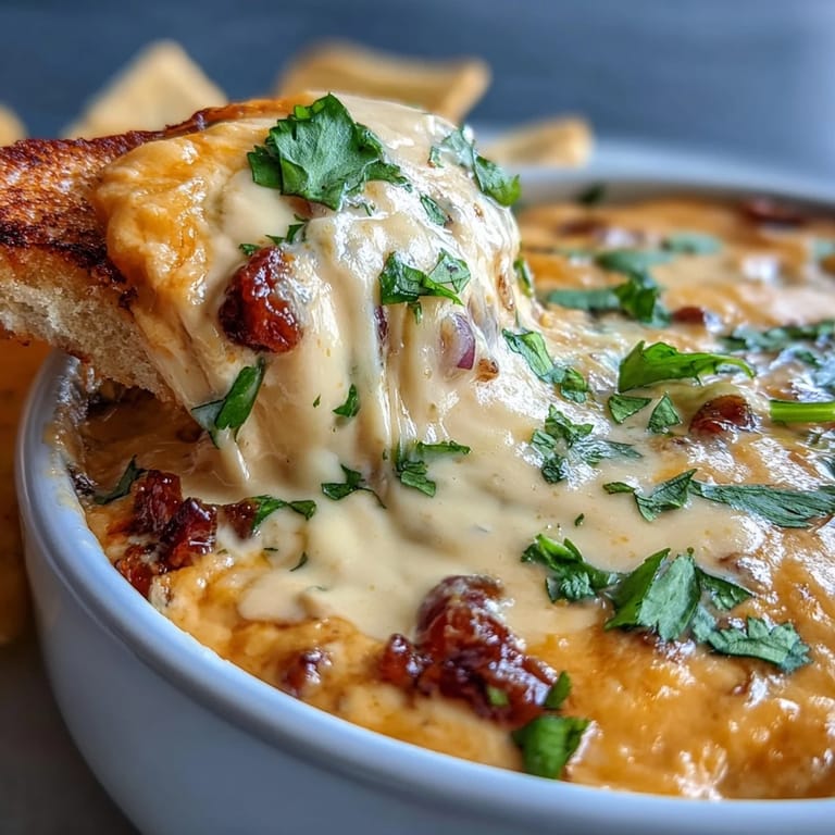 Freshly made queso dip bubbling in a saucepan, garnished with diced tomato, jalapeño, and cilantro.  