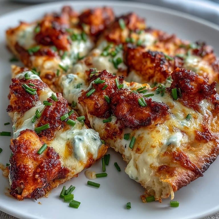 Buffalo Chicken Pizza fresh from the oven, bubbling cheese and ranch sauce on a crispy crust, garnished with chives for a tangy kick.