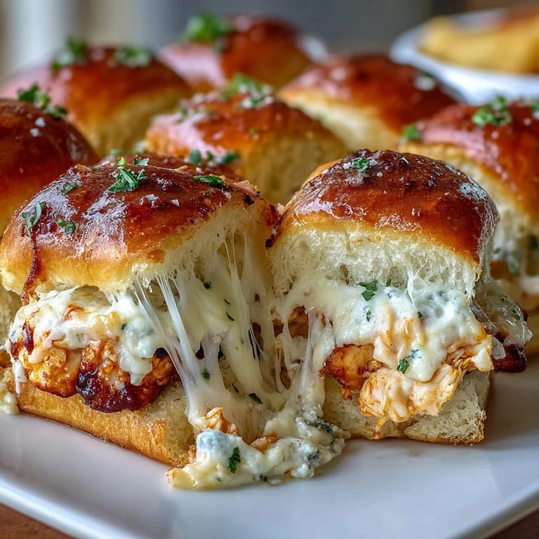 Savory Pizza Dip Sliders featuring gooey cheese, spicy Buffalo chicken, and garlic butter brushed slider buns.