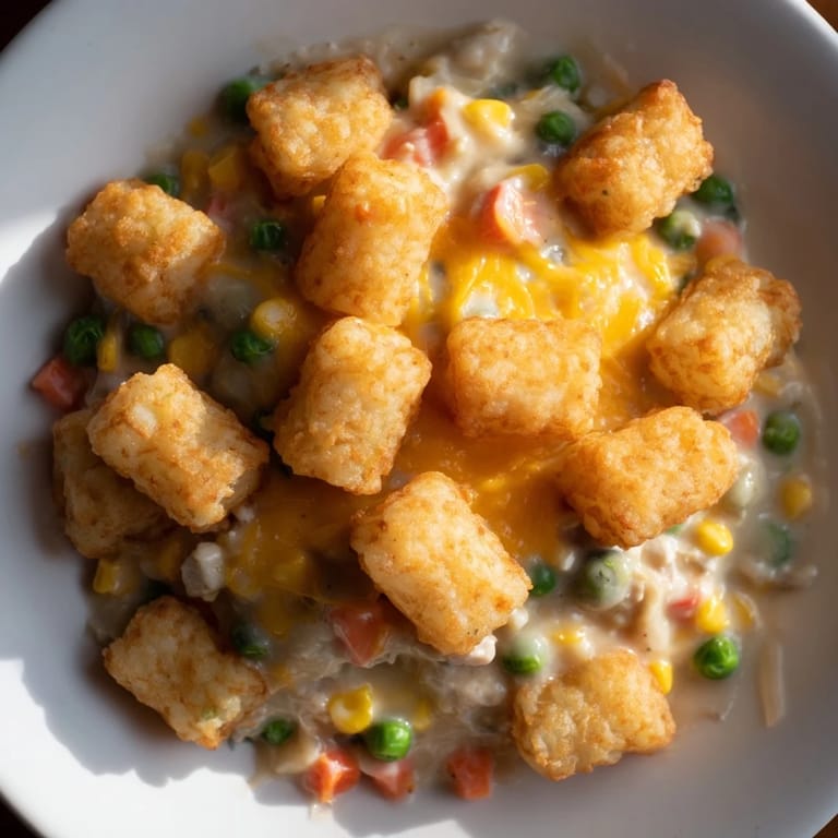 A comforting view of a baked Tater Tot Chicken Pot Pie, featuring a rich, chicken and veggie filling.