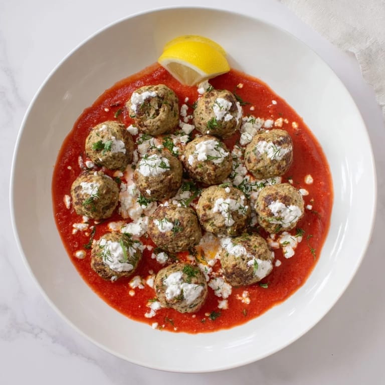 A close-up of tender Instant Pot Greek-Style Meatballs, dripping with savory tomato sauce.