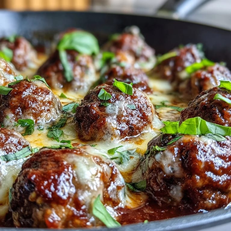 Freshly baked, cheesy, garlicky meatballs topped with vibrant basil leaves, served alongside a warm bowl of marinara sauce on a rustic table.  